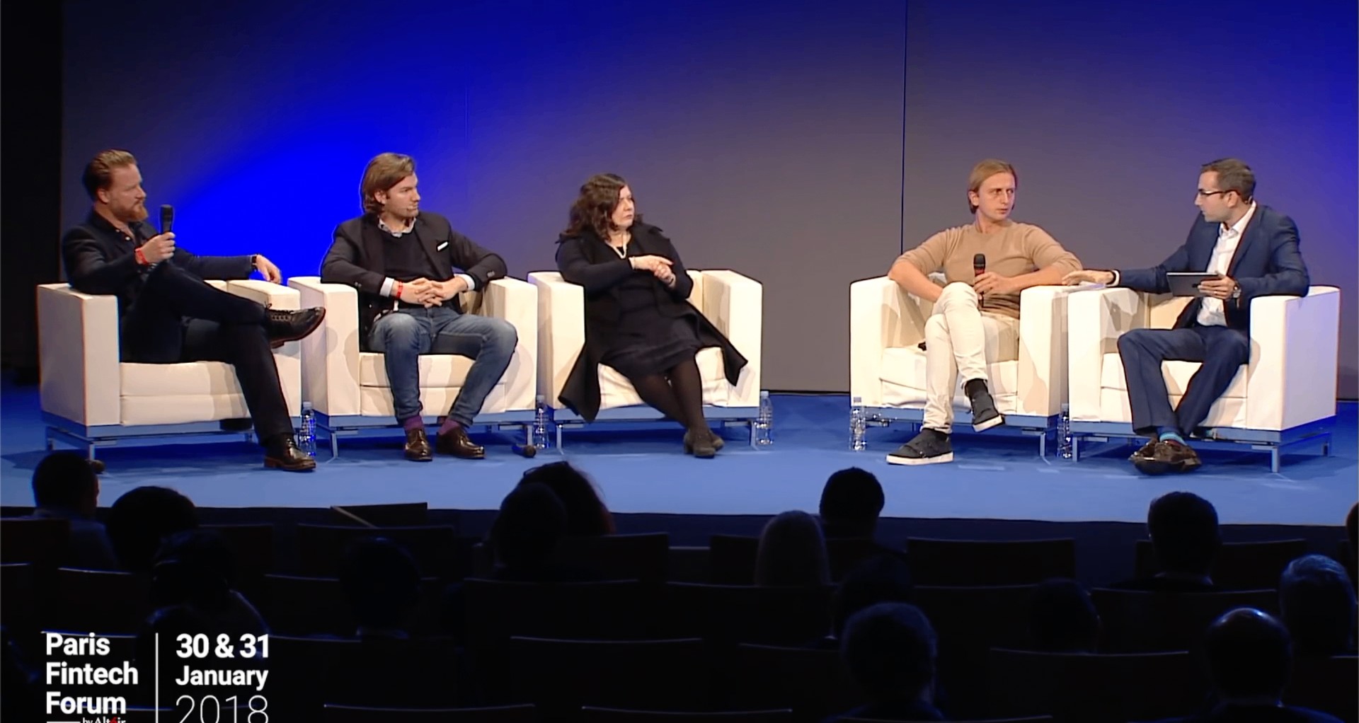 Elliott Gotkine moderating a founders' panel at the Paris Fintech Forum